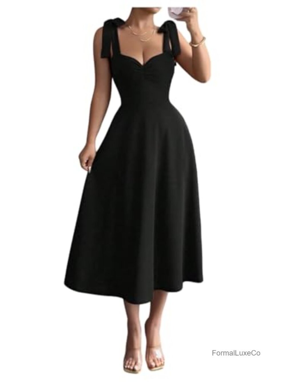 Women's Elegant Cocktail Wedding Guest Bow Flare Ruffle Midi Dress